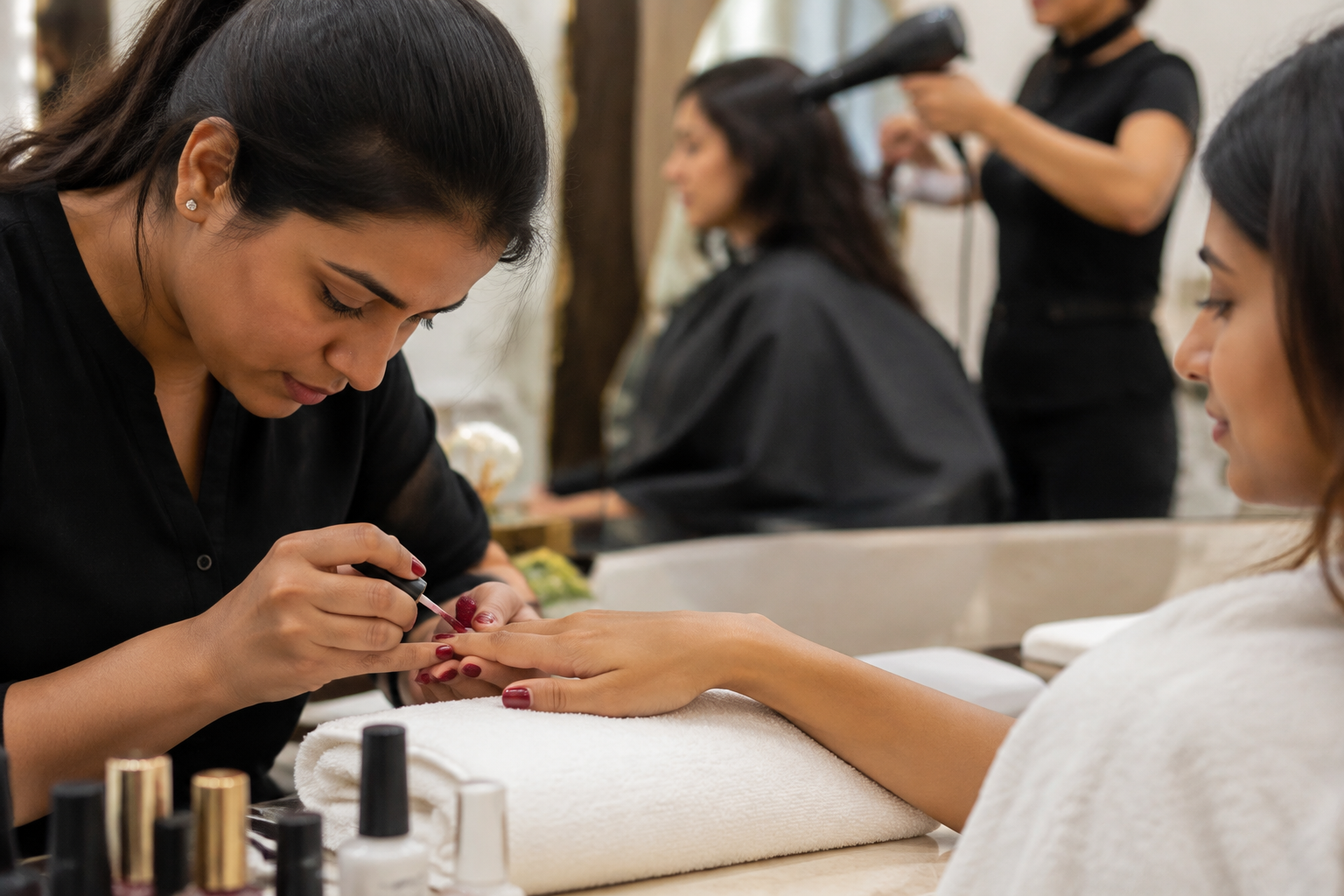 Manicure service with hair styling in the salon background